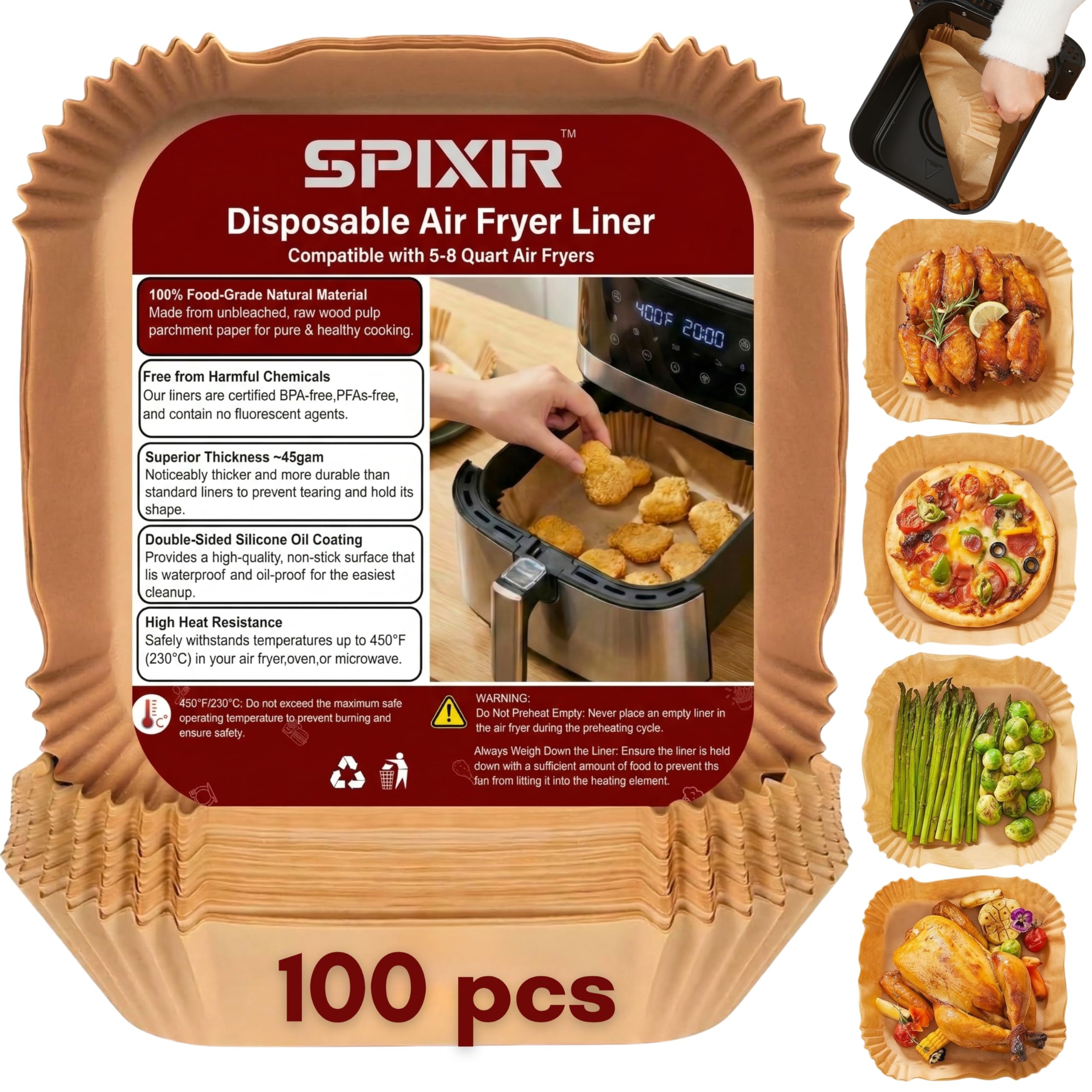 Spixir air fryer liners 8 inch square 100pcs
