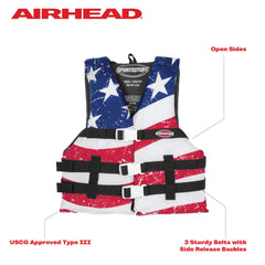 US Coast Guard Approved life jacket with three buckles open sides