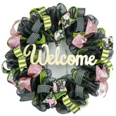 Spring Welcome Wreath 24 inch round moss green pink ivory and black accents