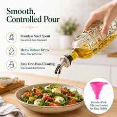 Stainless steel pourers on oil bottle with flip-top cap