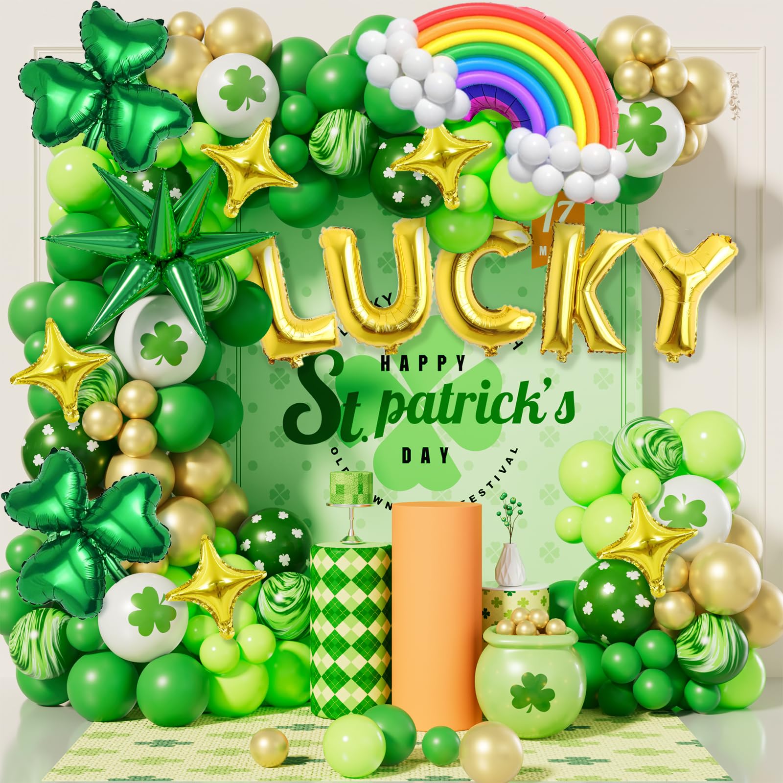 St Patrick's Day balloon arch kit with shamrock balloons
