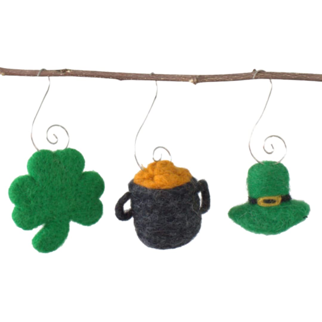 St Patrick s Day home decor ornaments shamrock pot of gold leprechaun hat set of 3 wool