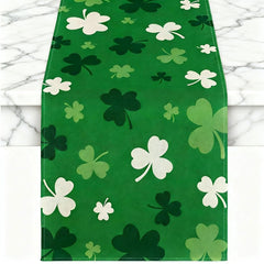 St Patrick's Day table runner 72x13 with white and green shamrocks