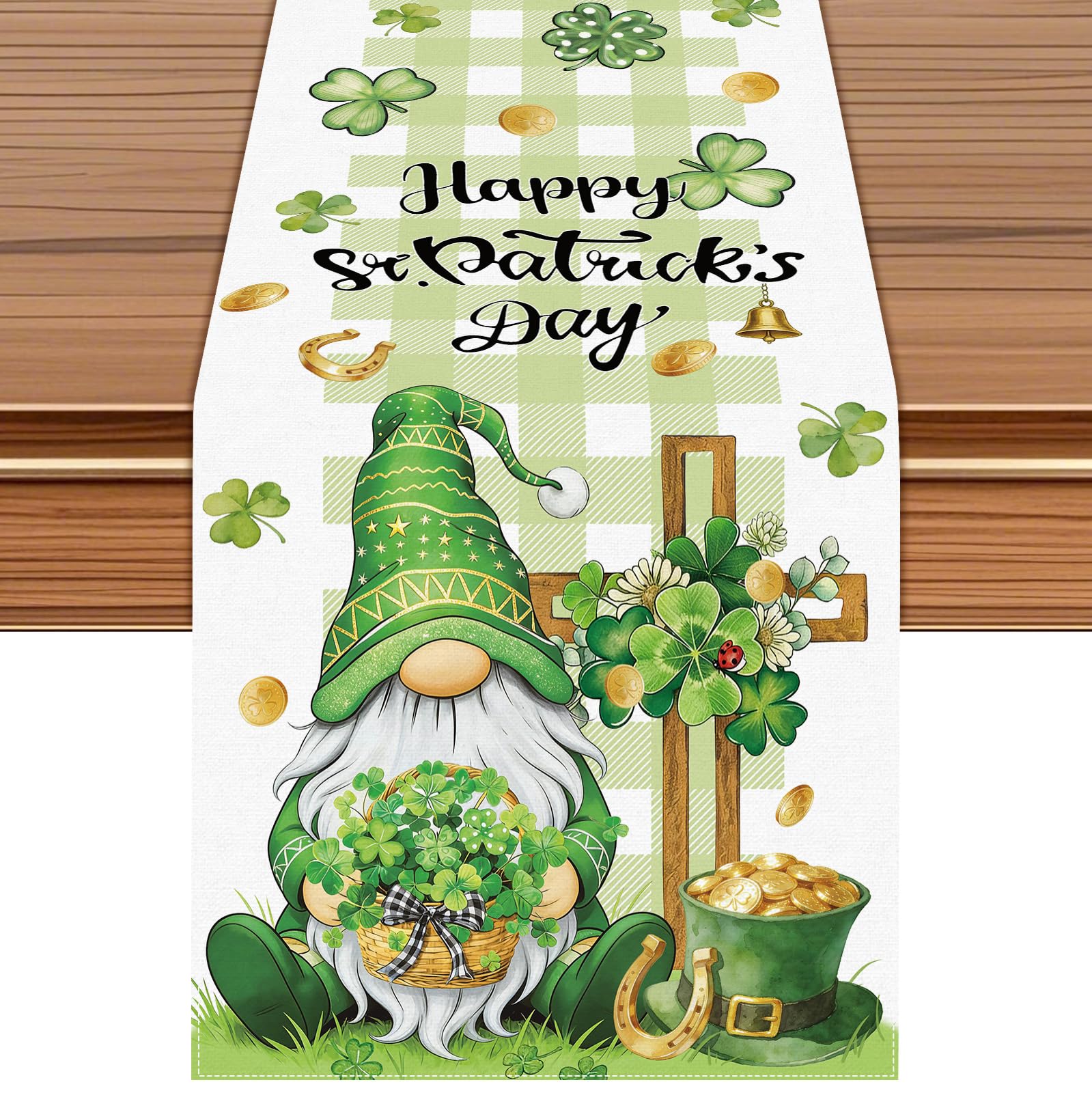 St Patrick's Day table runner with gnome and shamrocks on green buffalo plaid