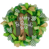 St Patricks Wreath 24 inch round sage green white burlap with clover accent