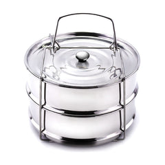 Stackable steamer insert pans for a 6 quart cooker with silicone handles