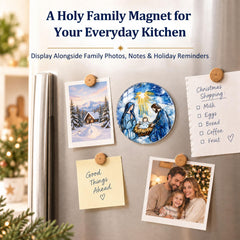 Stained-glass inspired blue white gold nativity magnet design
