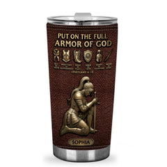 Custom nameplate personalization on armor of God tumbler for Christians