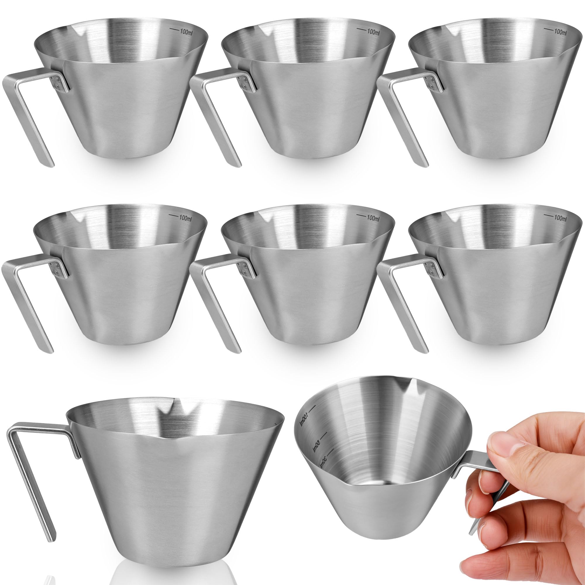 Eight piece stainless steel espresso cups with handles in silver