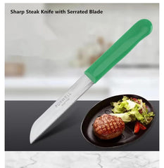 Stainless steel kitchen knives color coded green orange yellow white handles