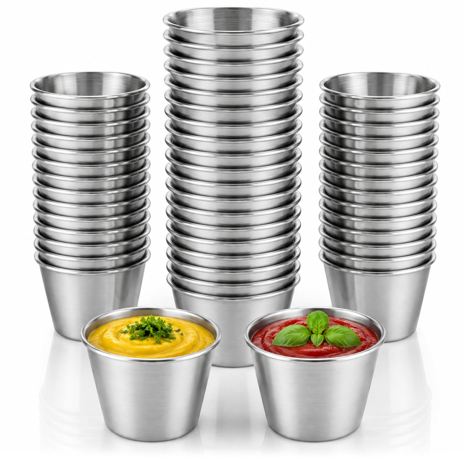 Bulk set of 48 stainless steel sauce dipping cups in silver