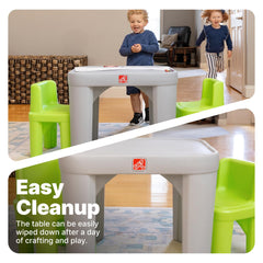 Gray green Step2 kids table with chairs side angle
