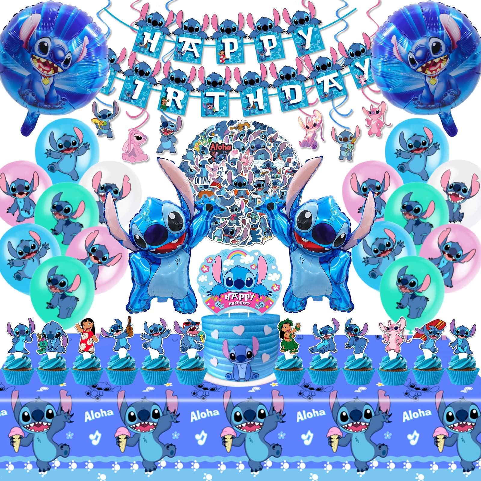 Stitch party supplies 103PCS set banner tablecloth cake topper balloons swirls and stickers