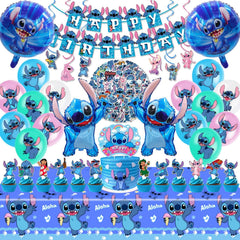 Stitch party supplies 103PCS set banner tablecloth cake topper balloons swirls and stickers