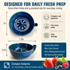 Stoneware Fruit Rinse Bowl blue with holes for drainage
