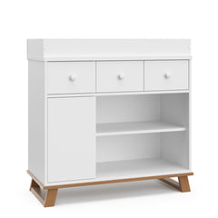 Storkcraft modern nursery changing table dresser front view white driftwood