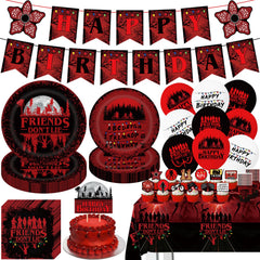 Stranger birthday decorations 104-piece tableware with banner and tablecloth
