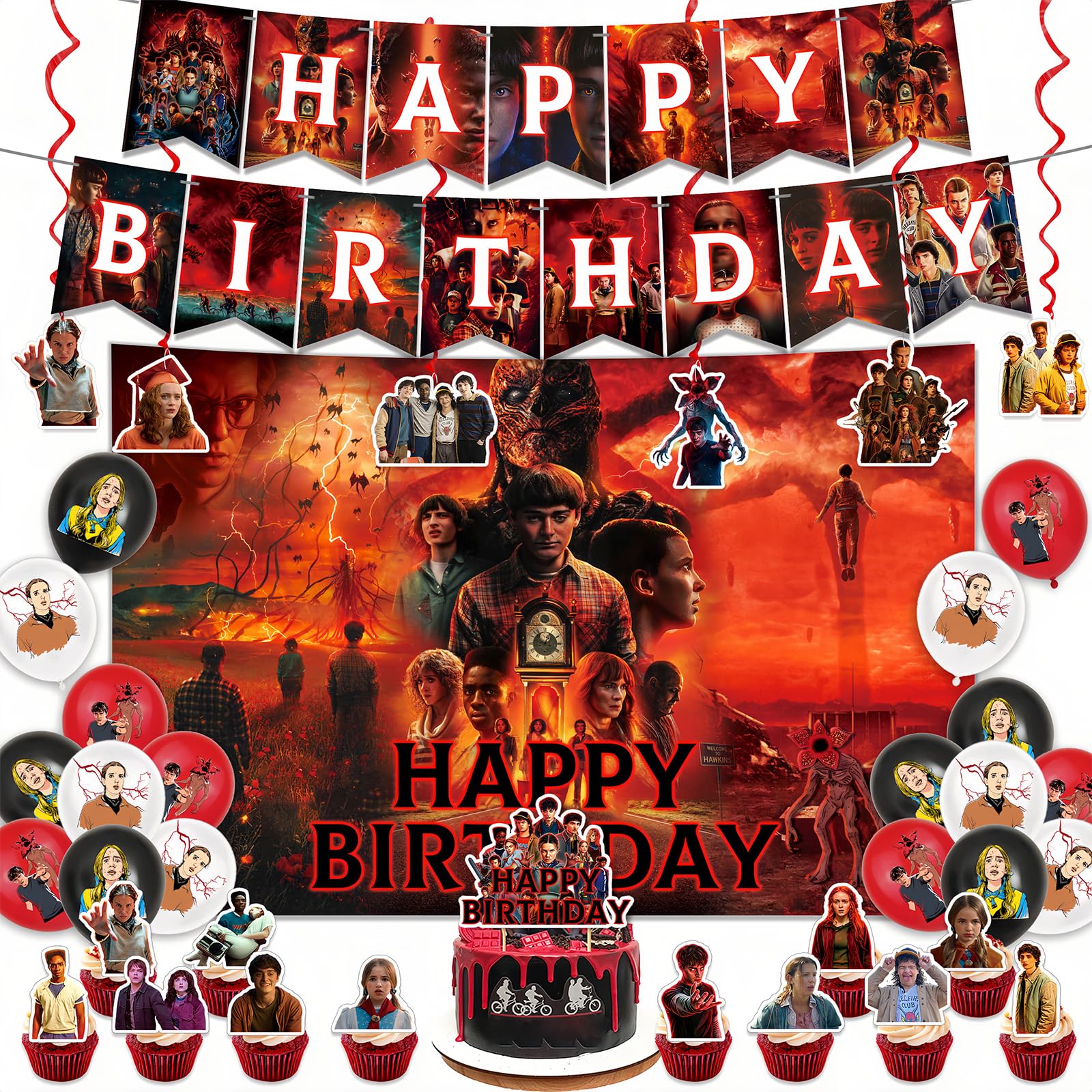 Stranger Season 5 Things 51 pcs party supplies backdrop banner balloons swirls toppers