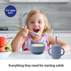 Suction plate and suction bowl from silicone baby feeding set blue gray