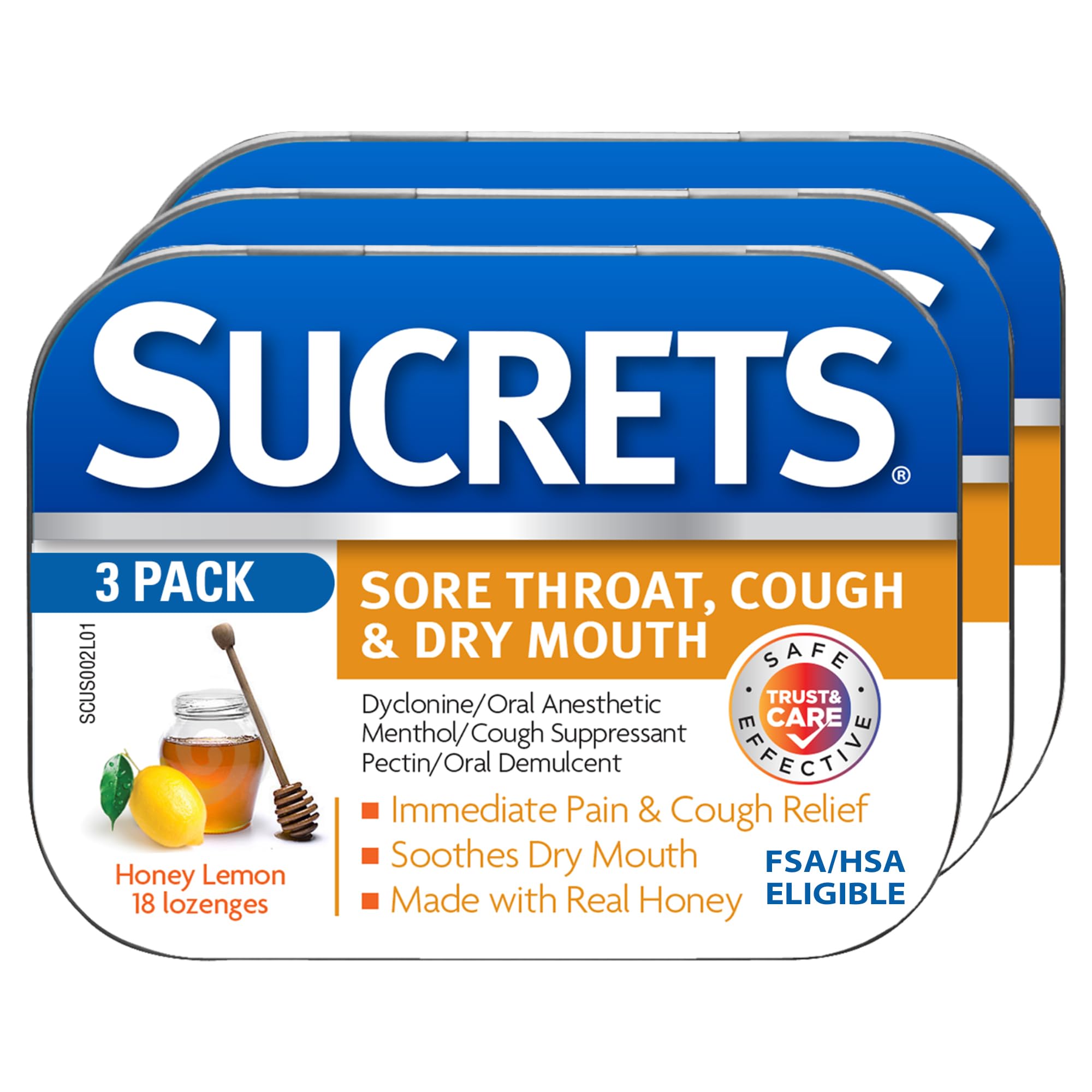 Sucrets sore throat lozenges honey lemon packaging