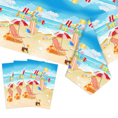 Beach motif including sea sky and Hello Summer text on table cover