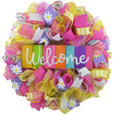 24 inch round Summer Spring Welcome Door Wreath pink yellow mesh