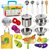 Sundaymot Play Kitchen Accessories 23-piece set with wooden food and stainless steel pots