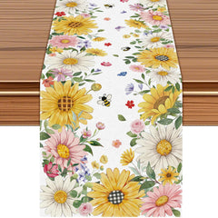 Sunflower Daisy Bee Floral Table Runner 72x13 inch on dining table