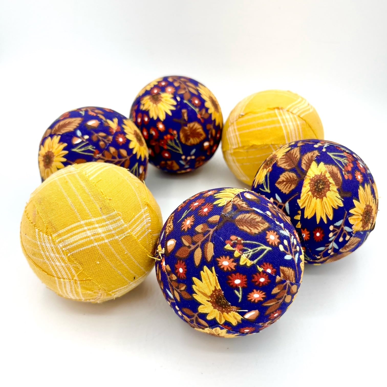 Six 3-inch Sunflowers in Blue fabric wrapped balls set for display