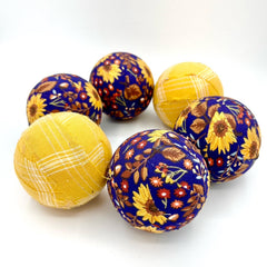 Six 3-inch Sunflowers in Blue fabric wrapped balls set for display
