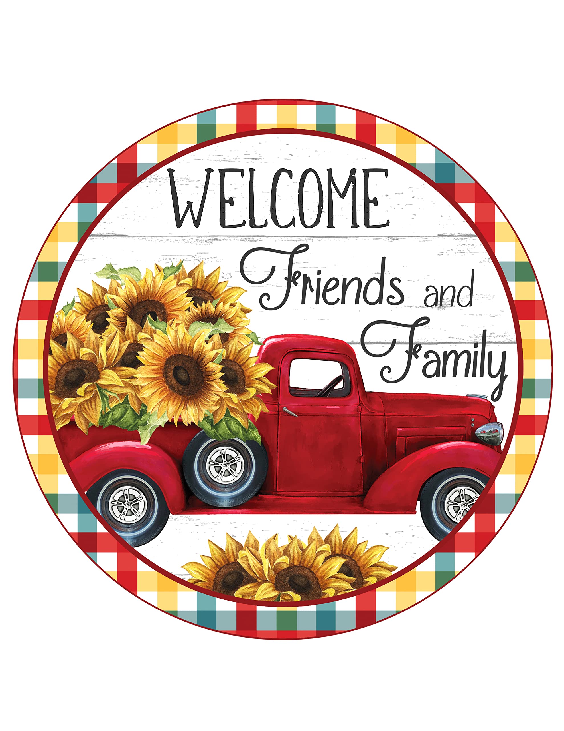 Sunflowers Red Truck Round Door Hanger Sign 8 inch wood with UV coating