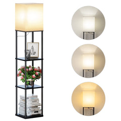 SUNMORY floor lamp with shelves black finish in living room