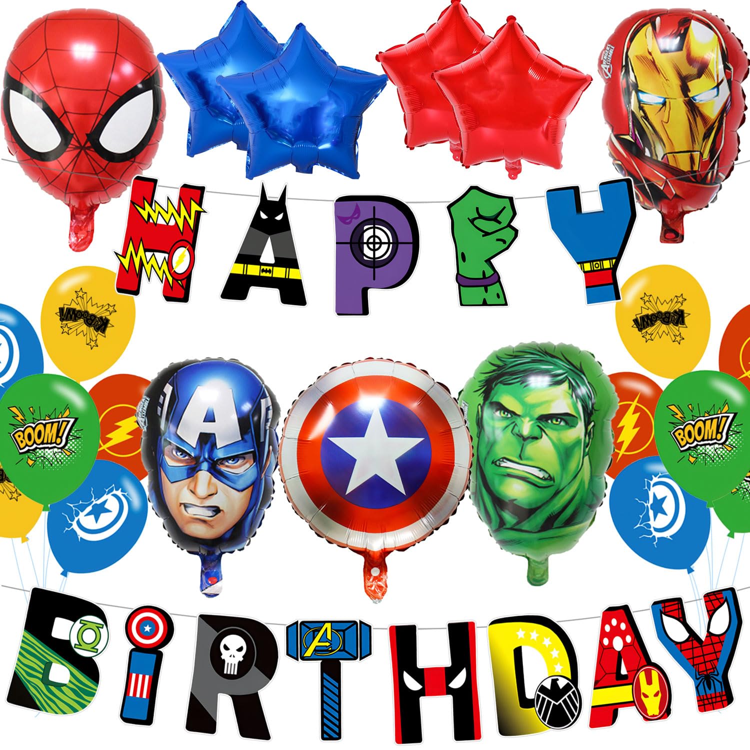 Super Hero Birthday Decorations kit with balloons and banner