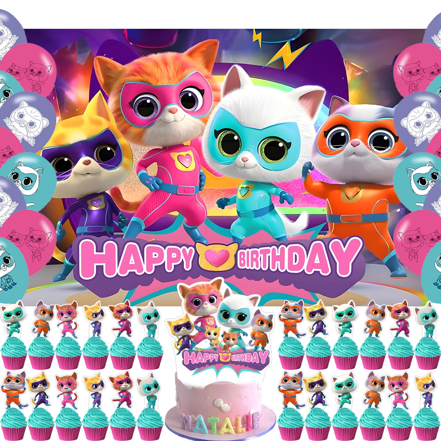 Super Kittes cat birthday backdrop 5x3ft