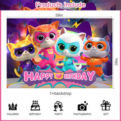 Happy Birthday backdrop banner featuring Super Kittes cat