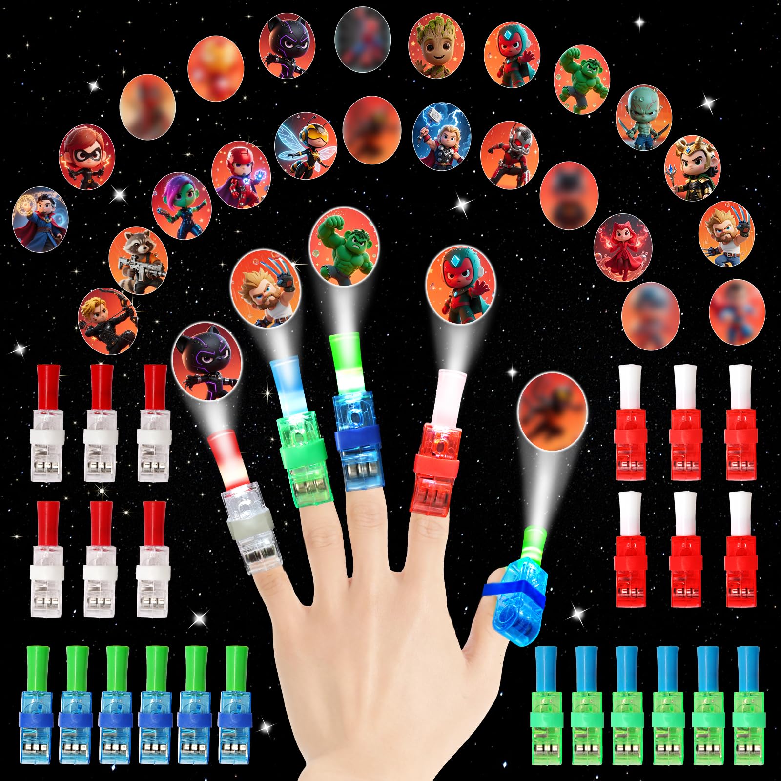 24-pack Superhero Finger Lights with red blue green and white colors