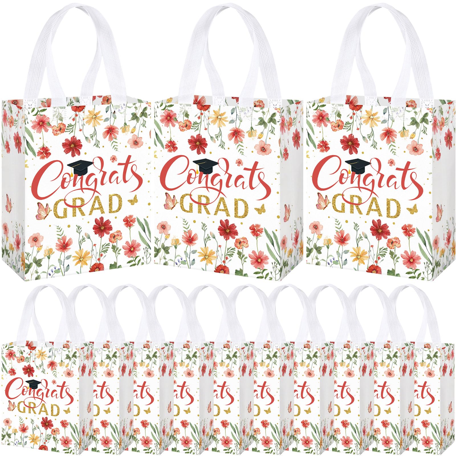 Supervitae 24 pack red graduation floral gift bags size 9.84 x 7.87 x 3.94 inches