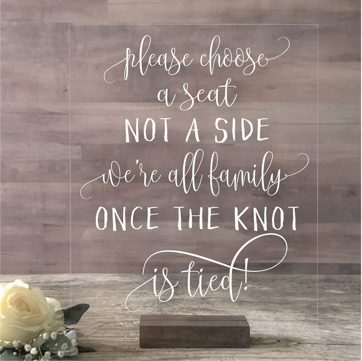 Sweet Carolina Collective wedding choose seat sign 5x7 on clear acrylic with oak stand