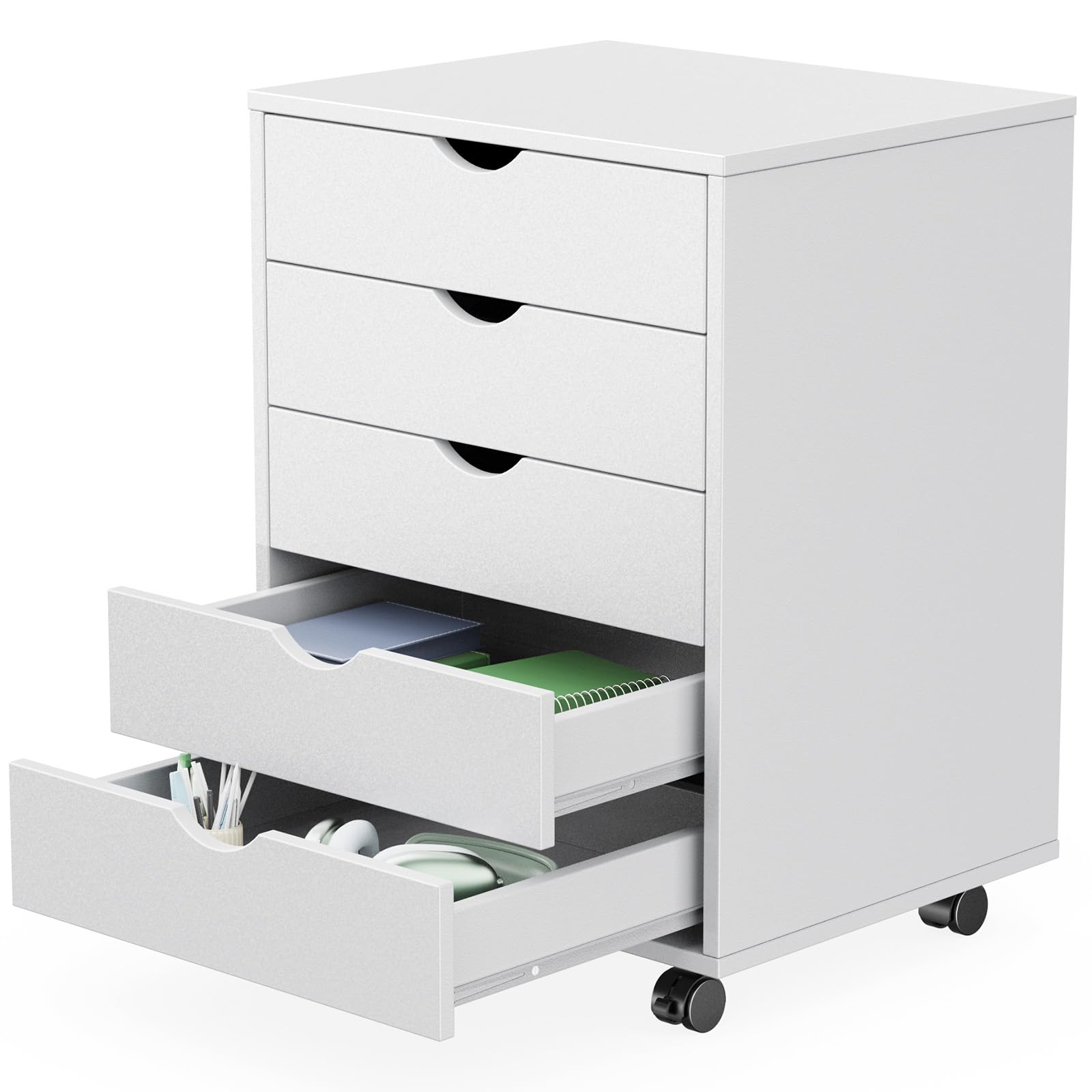 Sweetcrispy 5 Drawer Chest white wood with wheels