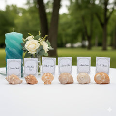 Table number holders featuring natural seashells and starfish