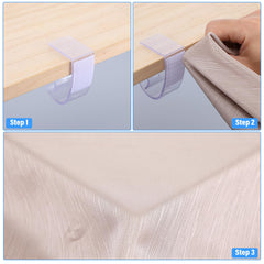 Clip attached to table edge securing tablecloth and skirting