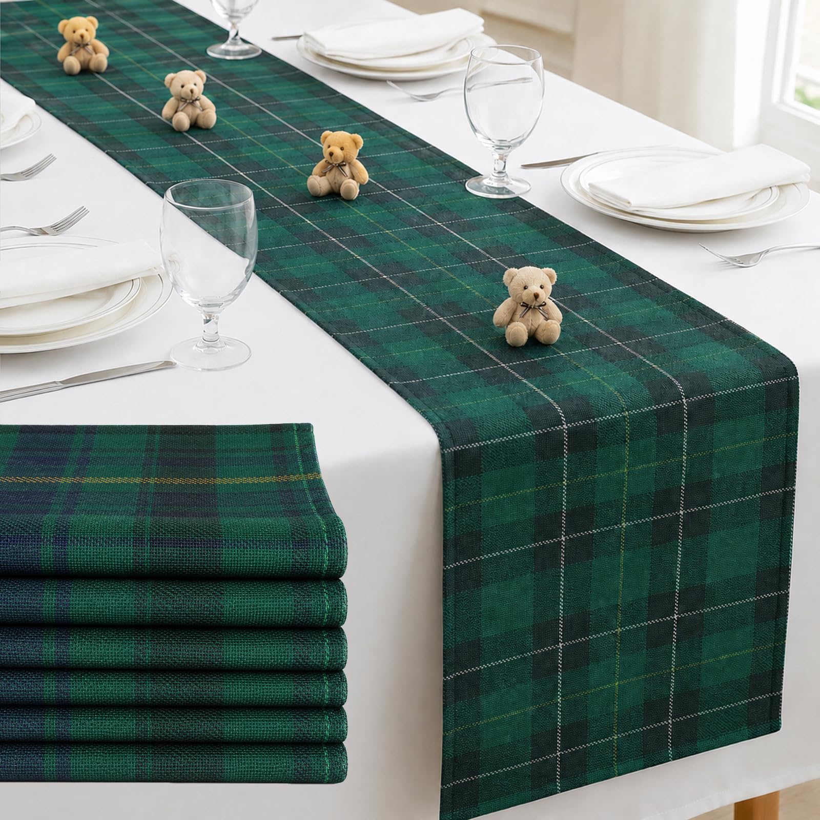 tartan plaid bear baby shower table runner on table