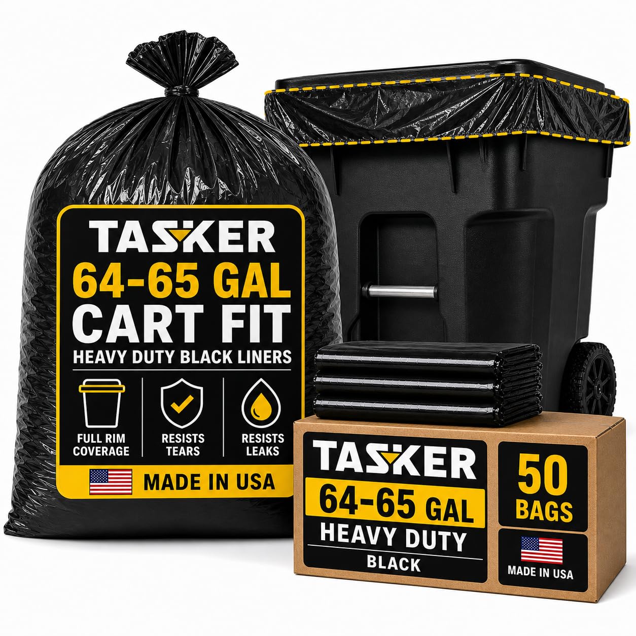 Tasker 65 gallon heavy duty trash bags in black