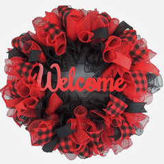 TB30 front door wreath red black mesh with burlap accents