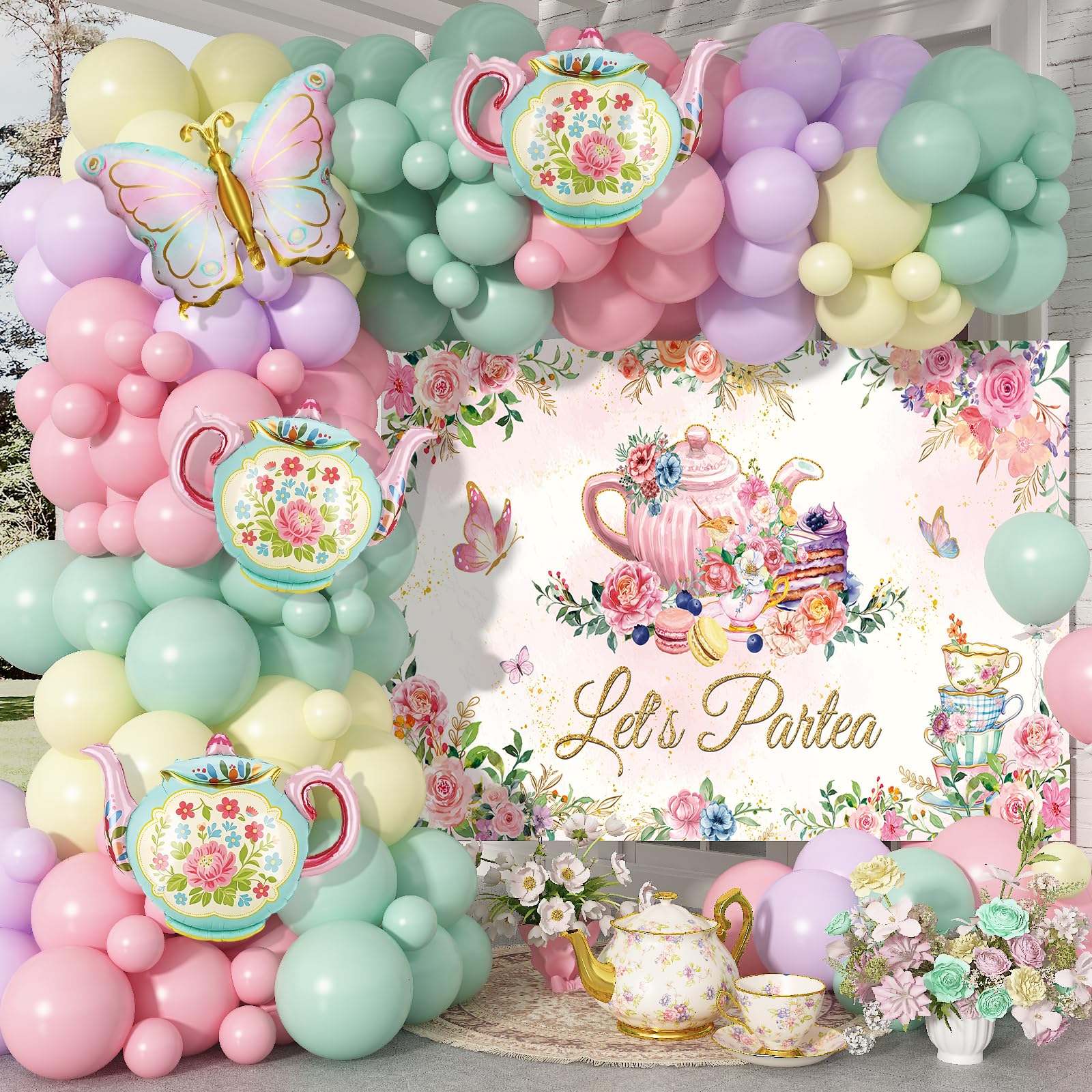 Tea Party Decoration Set showing pastel balloons and backdrop