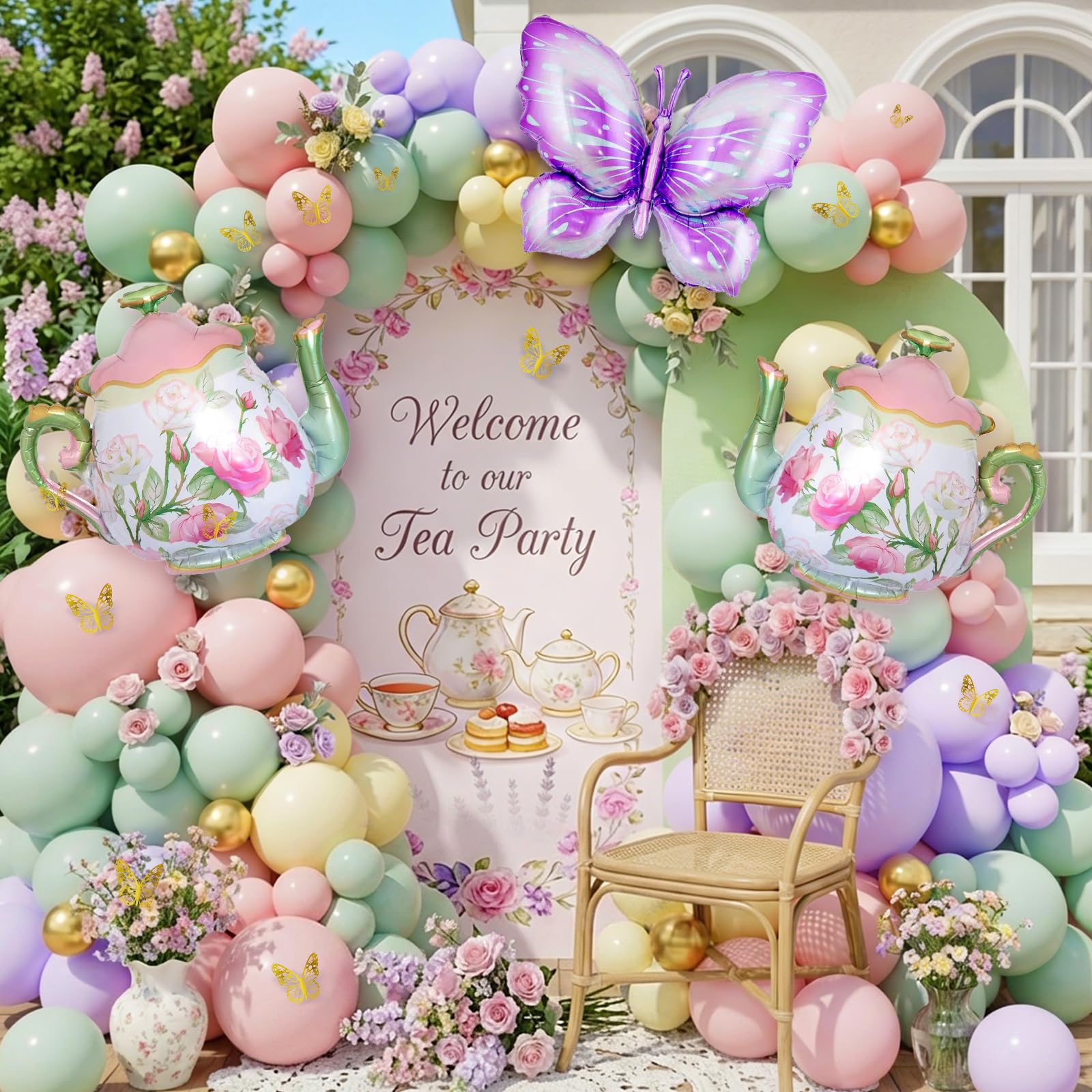 Tea Party Decorations pastel balloon arch kit with pink yellow green balloons