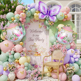 Tea Party Decorations pastel balloon arch kit with pink yellow green balloons