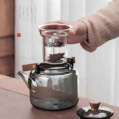 Removable infuser basket inside borosilicate teapot