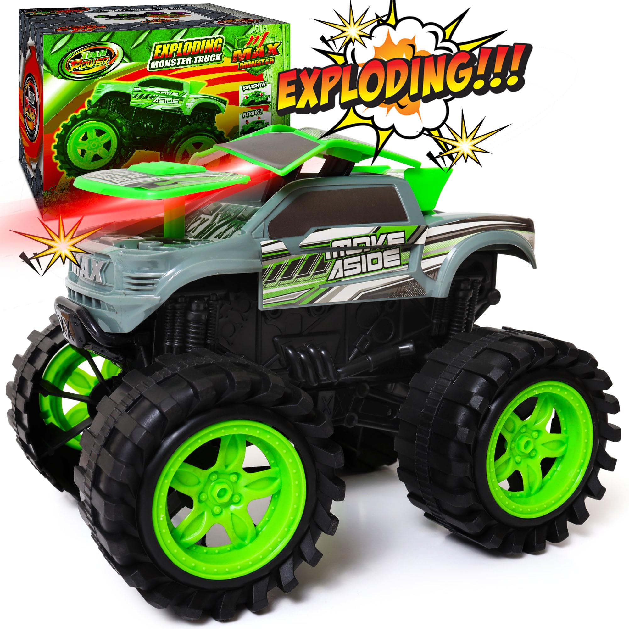 Team Power exploding monster truck toy front crash action with lights