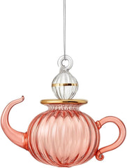 Teapot Tree Topper Ornament pink ribbed glass embossed with 14K gold